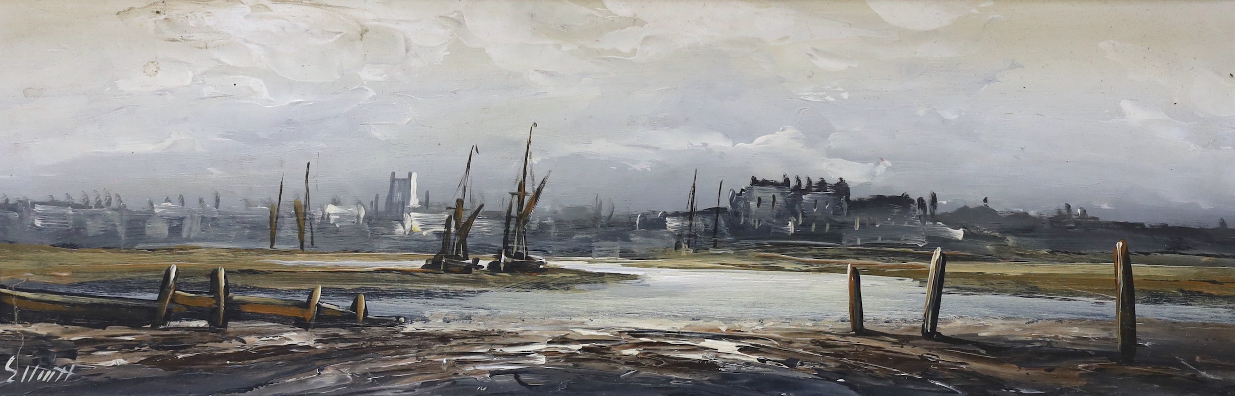 Edward Elliott (b.1918), oil on board, Estuary at low tide, signed, 19 x 60cm